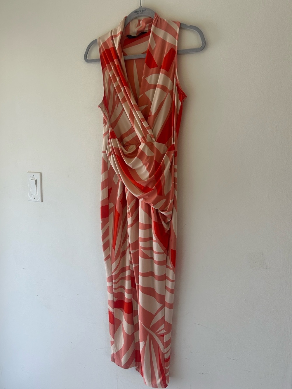 RACHEL Rachel Roy Coral and Cream Sleeveless Wrap-Style Midi Dress - Picture 3 of 9